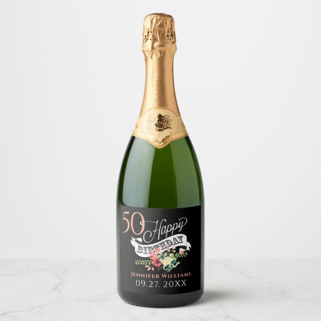 Happy 50th Birthday Typography & Flowers Sparkling Wine Label (Front)