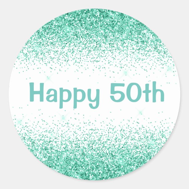 Happy 50th Glam Green Glitter Elegant Typography Classic Round Sticker (Front)