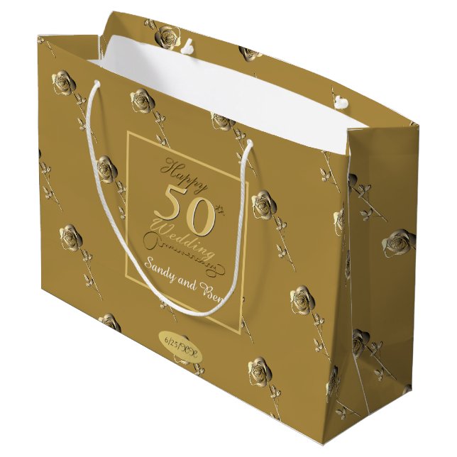 "Happy 50th Wedding Anniversary" 3D Roses on Ochre Large Gift Bag (Back Angled)
