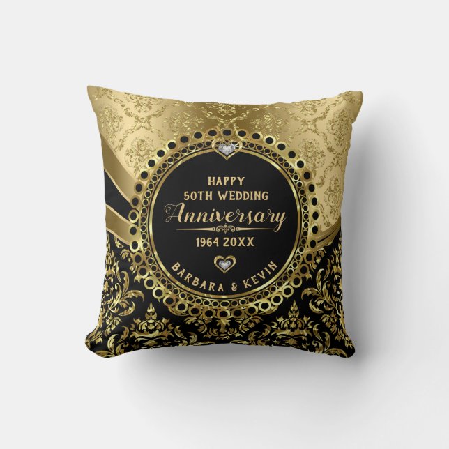 Happy 50th Wedding Anniversary Black & Shiny Gold Throw Pillow (Front)