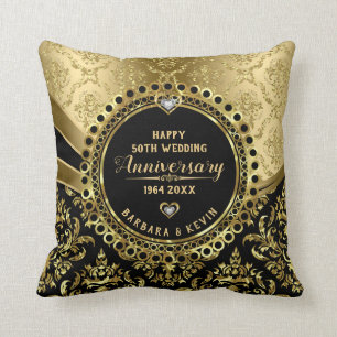 Happy 50th Wedding Anniversary Black & Shiny Gold Throw Pillow