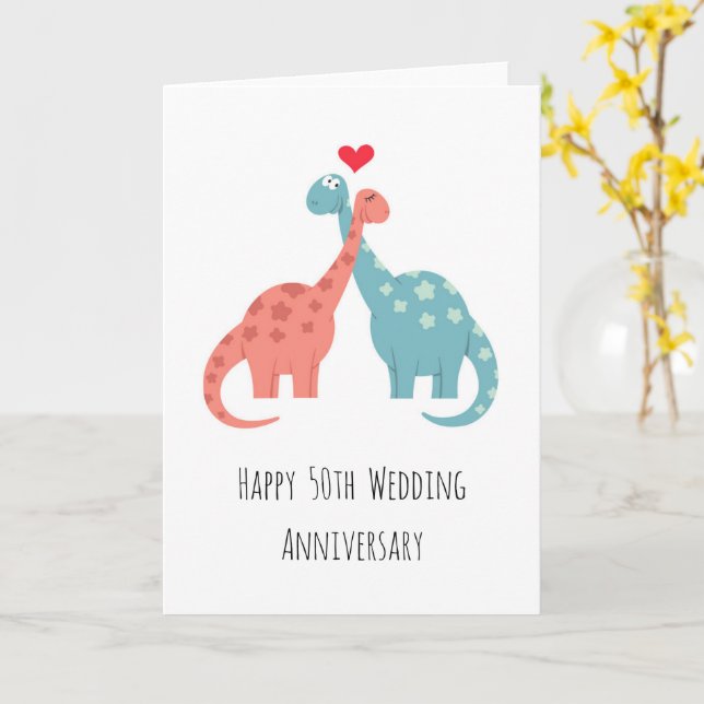 Happy 50th Wedding Anniversary Cute Dinosaurs Card (Yellow Flower)