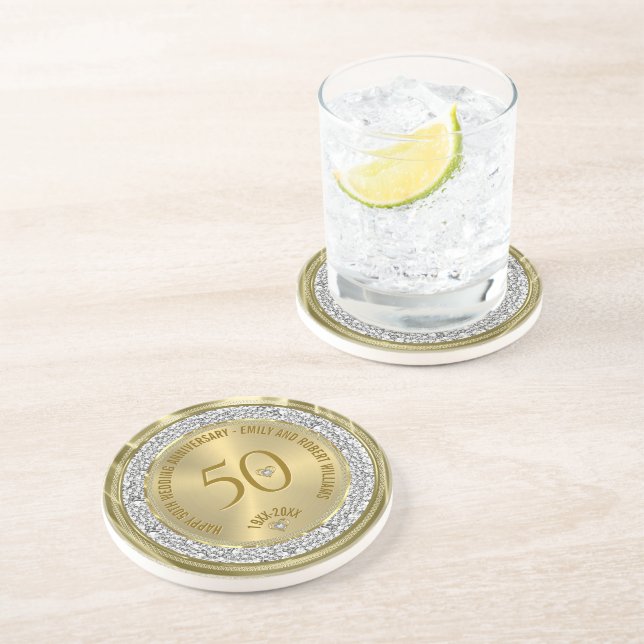 Happy 50th wedding anniversary diamonds and gold coaster (Side)