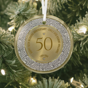 Happy 50th wedding anniversary diamonds and gold glass ornament
