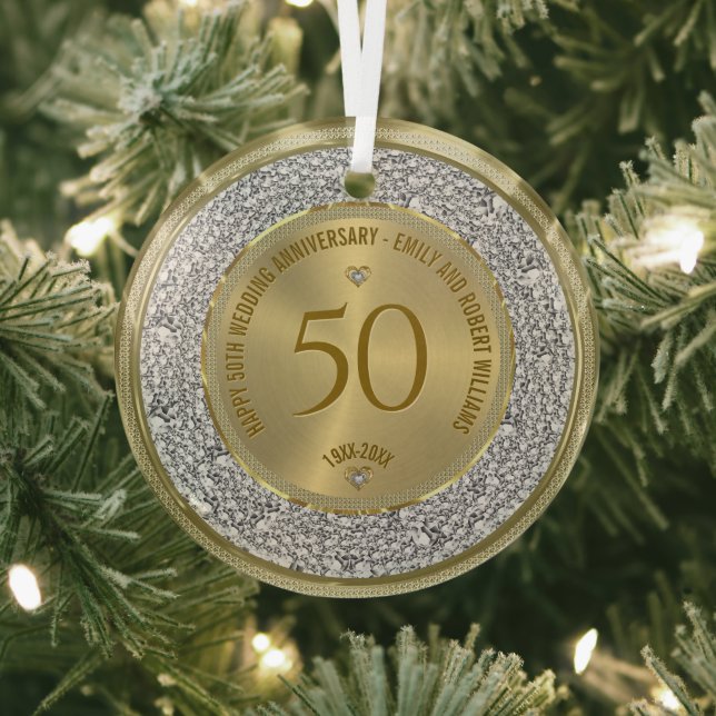 Happy 50th wedding anniversary diamonds and gold glass ornament (Insitu)