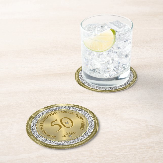 Happy 50th wedding anniversary diamonds and gold round paper coaster (Insitu)