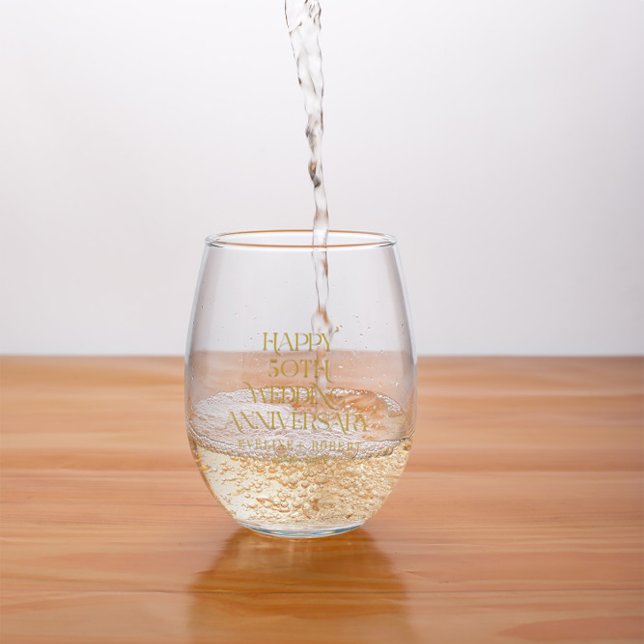 Happy 50th Wedding Anniversary Gold Typography Stemless Wine Glass (Creator Uploaded)