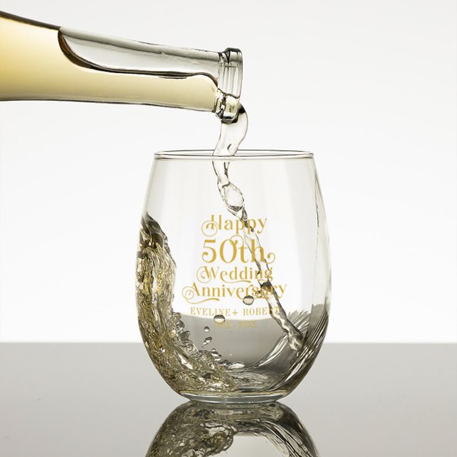 Happy 50th Wedding Anniversary Gold Typography Stemless Wine Glass (Creator Uploaded)