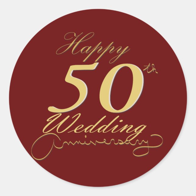 "Happy 50th Wedding Anniversary" Golden Red Classic Round Sticker (Front)