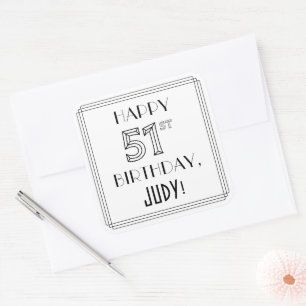 HAPPY 51ST BIRTHDAY, Art Deco Style, Custom Name Square Sticker