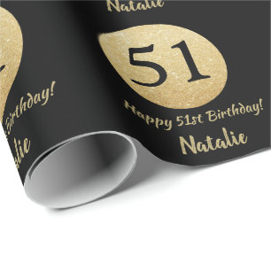Happy 51st Birthday Black and Gold Glitter Wrapping Paper