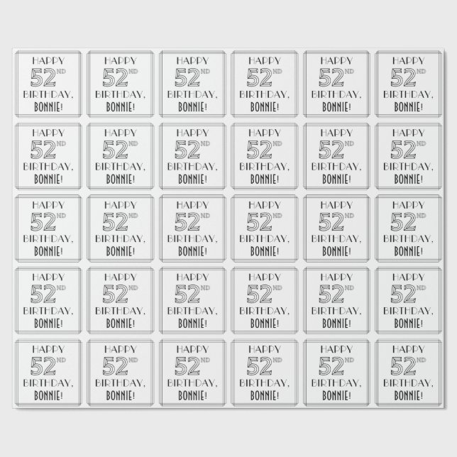 HAPPY 52ND BIRTHDAY; Art Deco Style; Custom Name Wrapping Paper (Seam)
