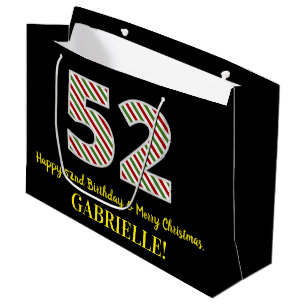Happy 52nd Birthday & Merry Christmas, Custom Name Large Gift Bag