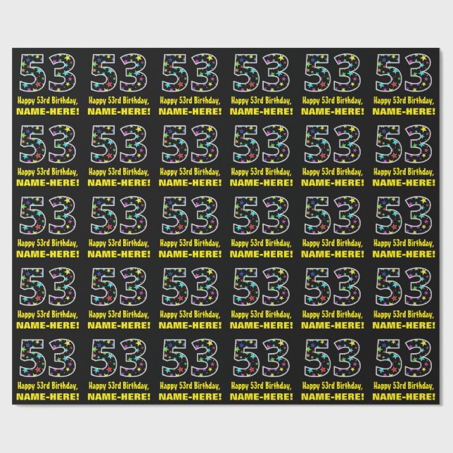 Happy 53rd Birthday, Fun Colourful Stars Pattern 5 Wrapping Paper (Flat)