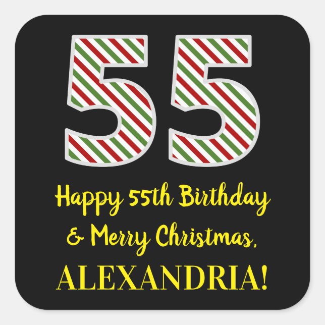Happy 55th Birthday & Merry Christmas, Custom Name Square Sticker (Front)