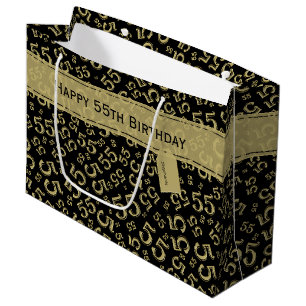 Happy 55th Birthday Number Pattern Black/Gold Large Gift Bag