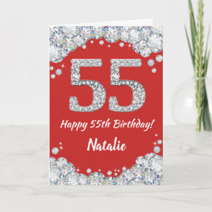 Happy 55th Birthday Red and Silver Glitter Card