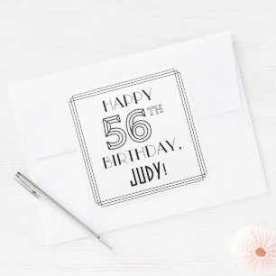 HAPPY 56TH BIRTHDAY, Art Deco Style, Custom Name Square Sticker
