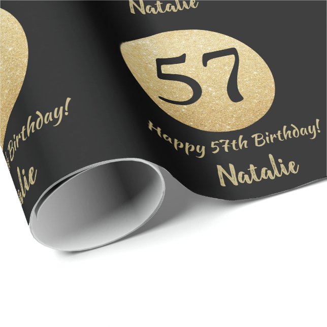 Happy 57th Birthday Black and Gold Glitter Wrapping Paper (Roll Corner)