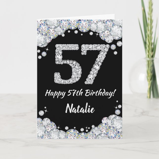 Happy 57th Birthday Black and Silver Glitter Card (Front)