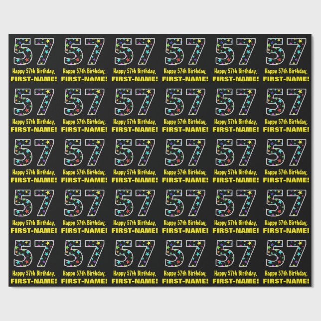Happy 57th Birthday, Fun Colourful Stars Pattern 5 Wrapping Paper (Flat)