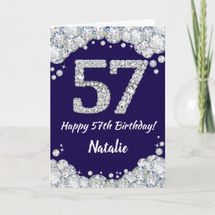 Happy 57th Birthday Navy Blue and Silver Glitter Card