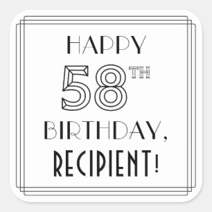 HAPPY 58TH BIRTHDAY, Art Deco Style, Custom Name Square Sticker