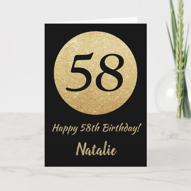 Happy 58th Birthday Black and Gold Glitter Card (Front)