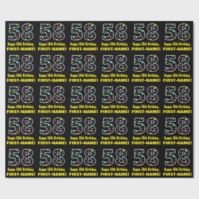 Happy 58th Birthday, Fun Colourful Stars Pattern 5 Wrapping Paper (Flat)