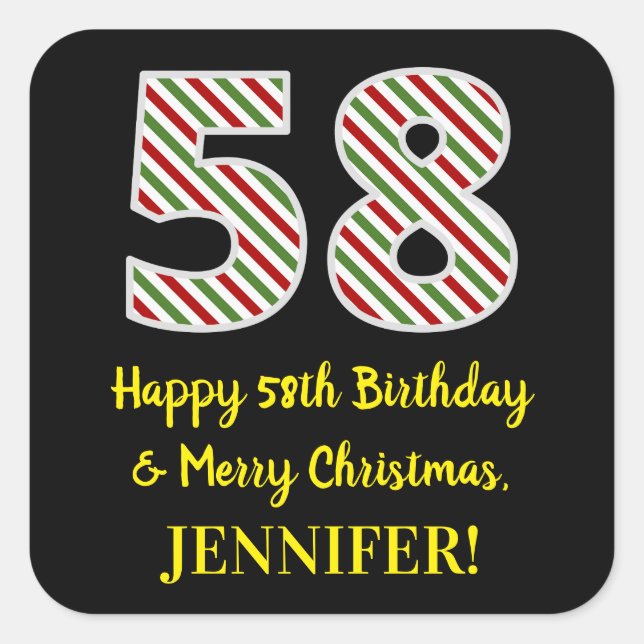 Happy 58th Birthday & Merry Christmas, Custom Name Square Sticker (Front)