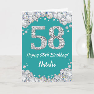 Happy 58th Birthday Teal and Silver Glitter Card