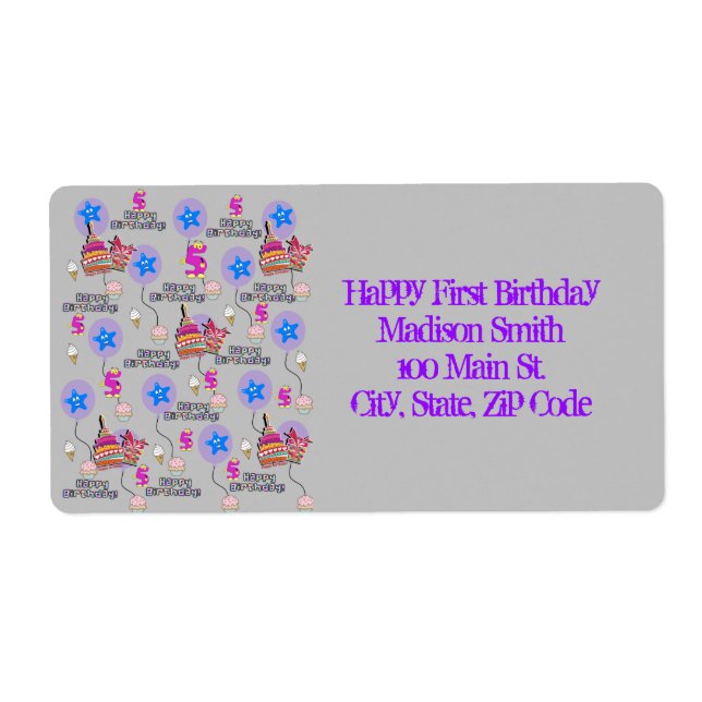 Happy 5th Birthday Address Labels, Grey (Front)