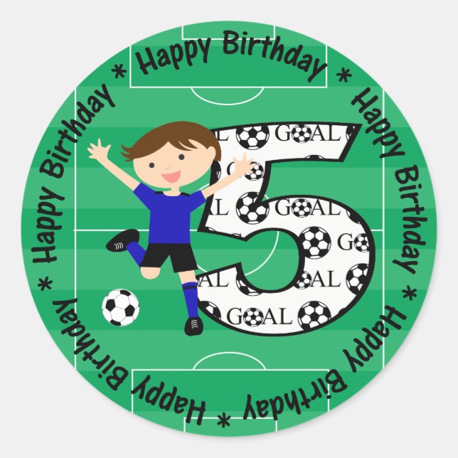 Happy 5th Birthday Blue and Black Soccer Goal Classic Round Sticker (Front)