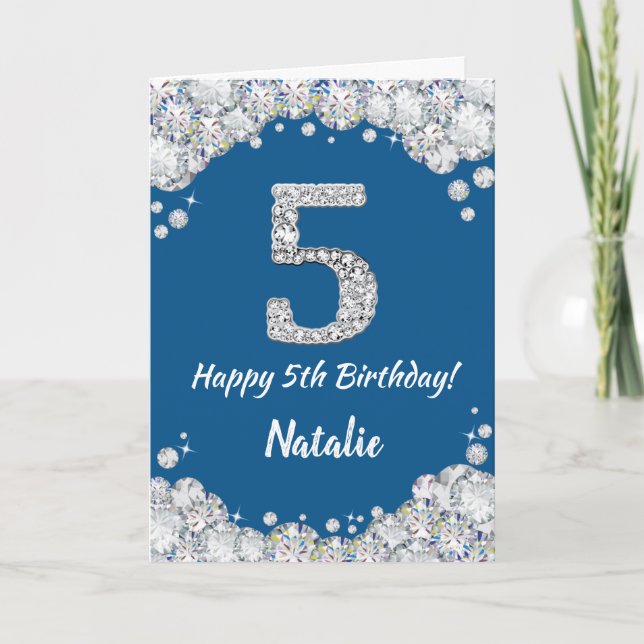 Happy 5th Birthday Blue and Silver Glitter Card (Front)