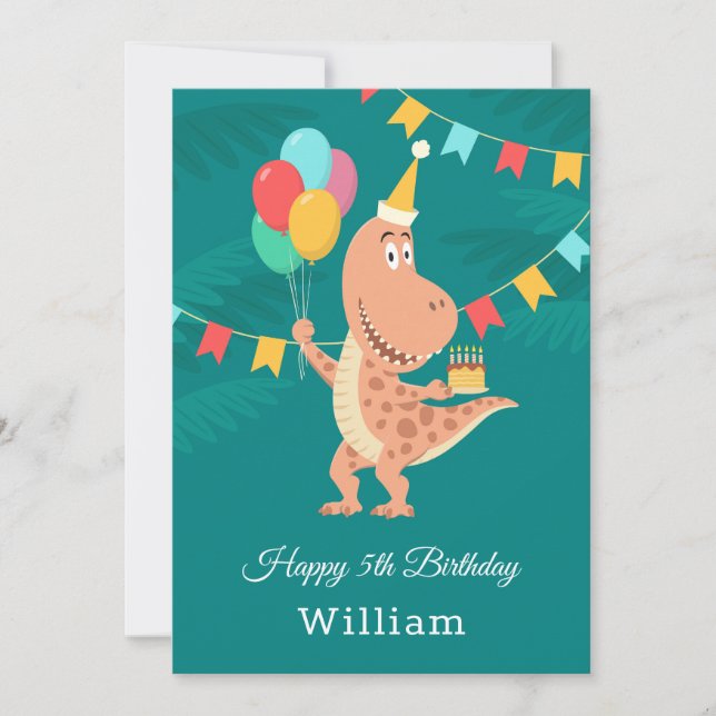 Happy 5th Birthday Cake Balloon Cute Dinosaur Card (Front)