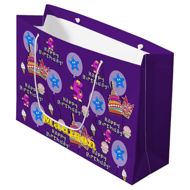 Happy 5th Birthday Gift Bag #5 Purple (Front Angled)