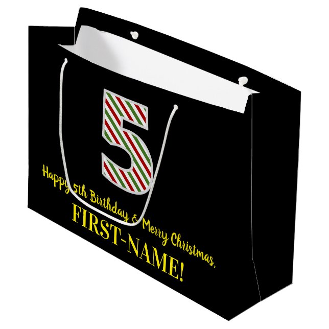 Happy 5th Birthday & Merry Christmas, Custom Name Large Gift Bag (Front Angled)