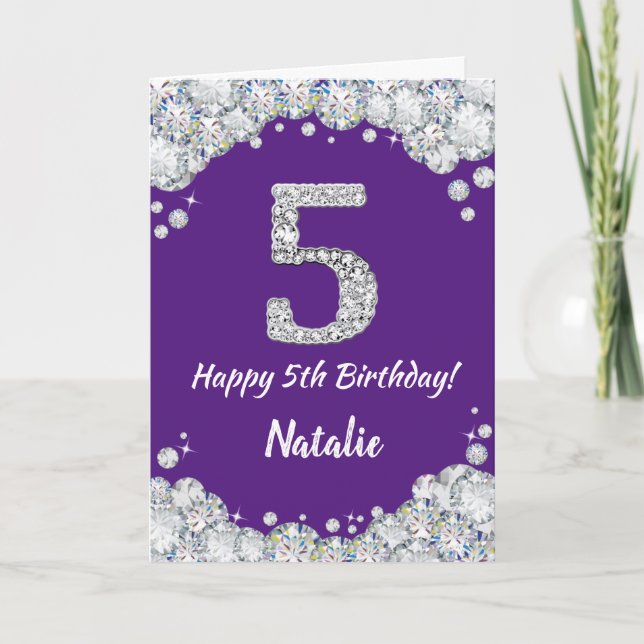 Happy 5th Birthday Purple and Silver Glitter Card (Front)