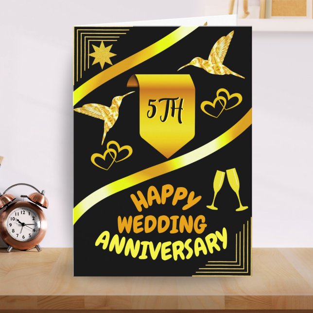Happy 5th Wedding Anniversary Black & Gold Modern  Card (Creator Uploaded)