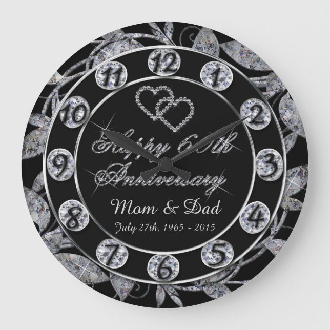 Happy 60th Anniversary Diamond Leaf Numbers Large Clock (Front)