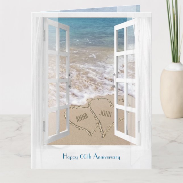 Happy 60th Anniversary open beach window Card (Front)