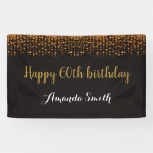 Happy 60th Birthday Banner. Black and Gold Glitter Banner