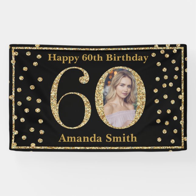 Happy 60th Birthday Banner Black and Gold Photo (Horizontal)
