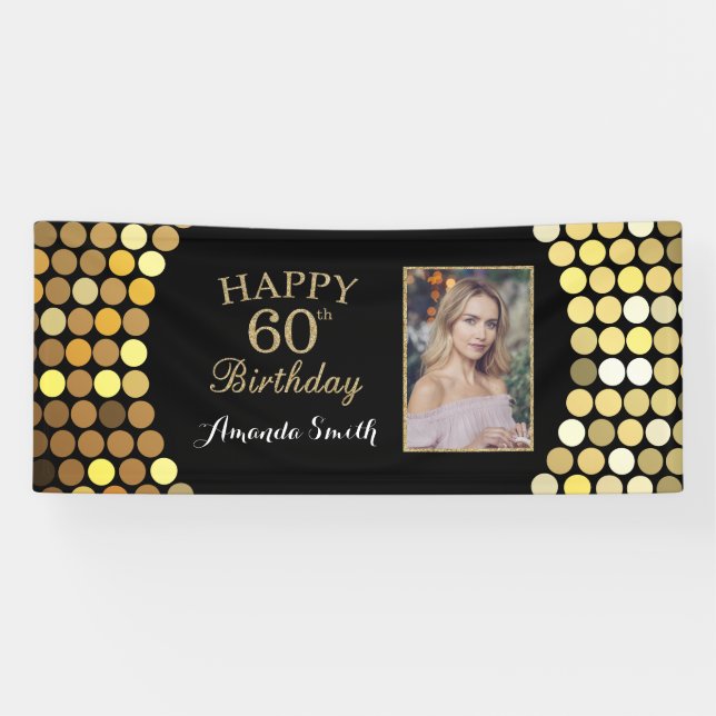 Happy 60th Birthday Banner. Gold Glitter Photo Banner (Horizontal)