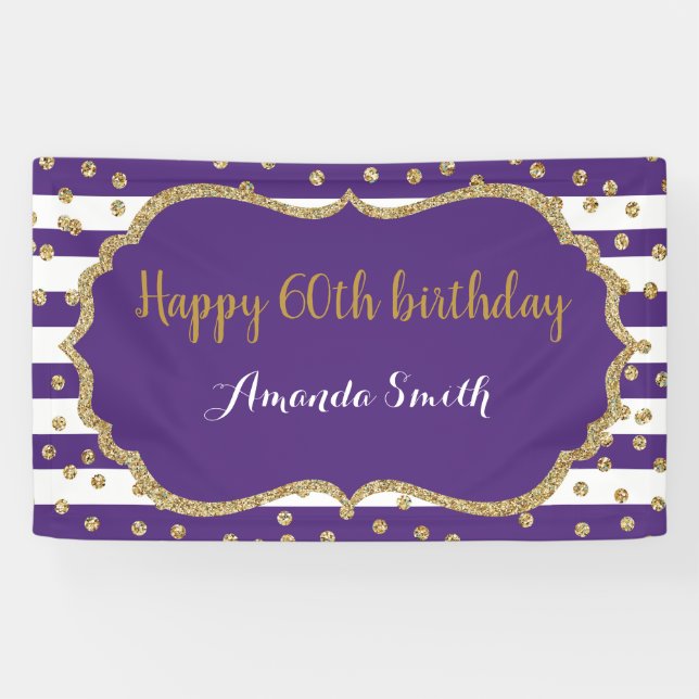 Happy 60th Birthday Banner Purple and Gold Glitter (Horizontal)