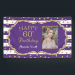 Happy 60th Birthday Banner Purple Gold Photo<br><div class="desc">Happy 60th Birthday Banner for women or man. Purple and Gold Birthday Party Banner. Gold Glitter Confetti. Black and White Stripes. Printable Digital. For further customization,  please click the "Customize it" button and use our design tool to modify this template.</div>