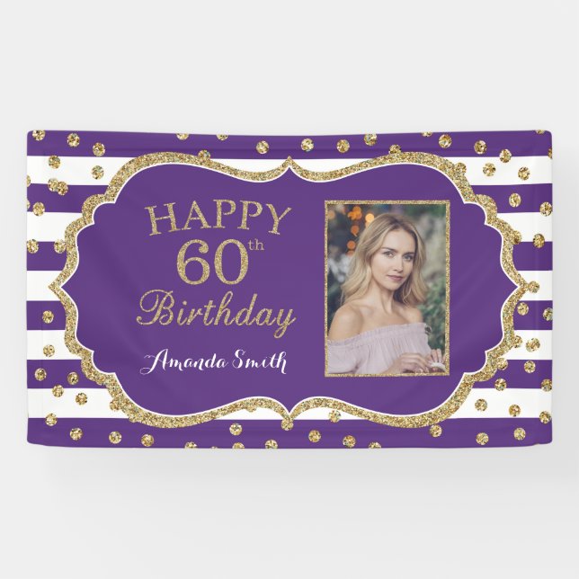 Happy 60th Birthday Banner Purple Gold Photo (Horizontal)