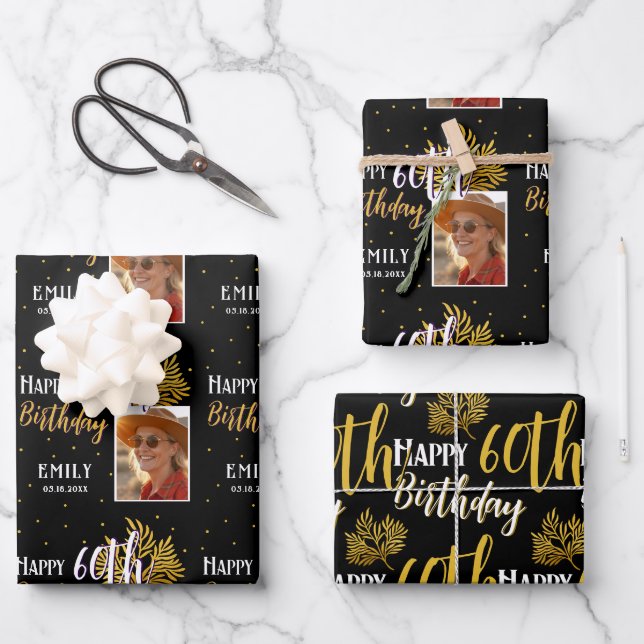 Happy 60th Birthday Black Gold Foliage Photo  Wrapping Paper Sheet (Front)