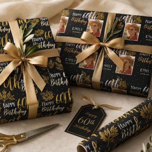 Happy 60th Birthday Black Gold Foliage Photo Wrapping Paper Sheet