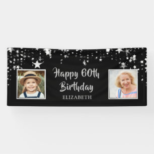 Happy 60th Birthday Black Silver Stars Name Banner